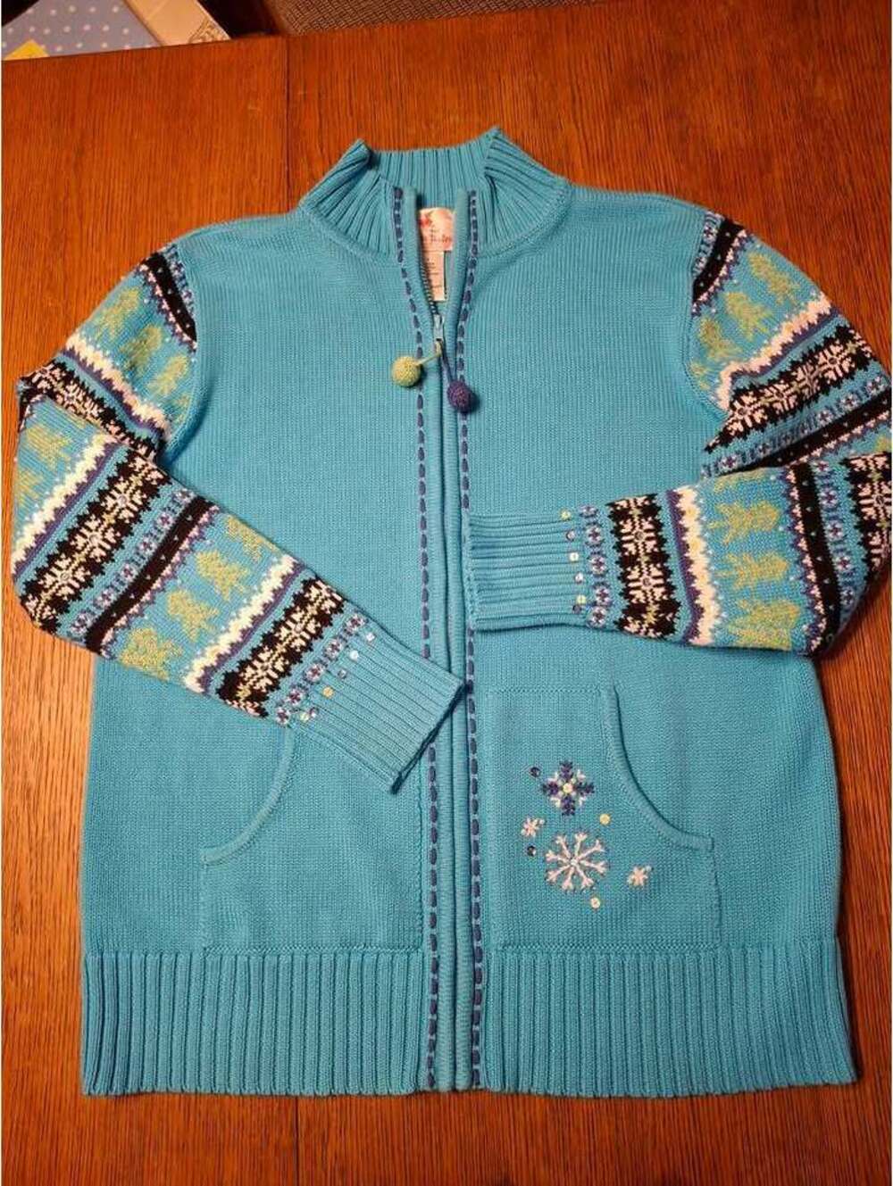 Y2K Quacker Factory Size L Blue Snowflake Fair Isle Zip-Up Cardigan
